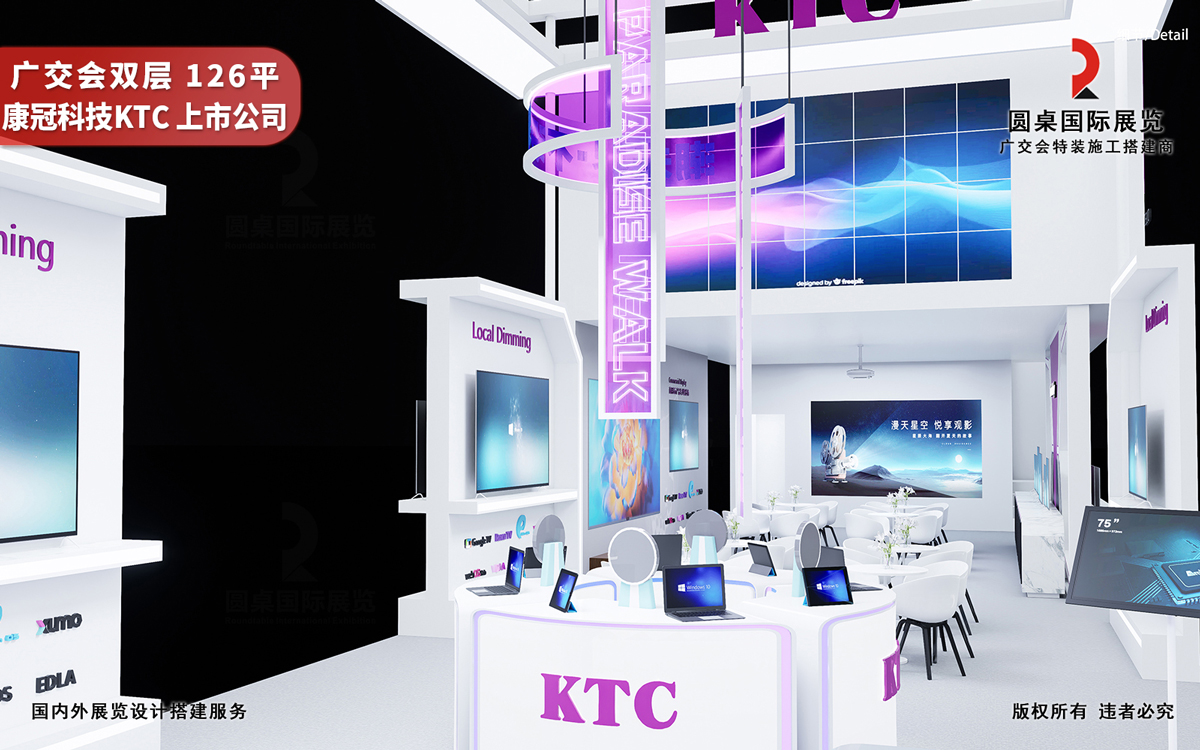 广交会双层展位设计效果图-KTC的126平展台产品分区展示